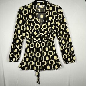 Vtg‎ 90s Y2K Cato Babydoll Wrap Blouse Lg Black Cream Geometric Print Belted Top